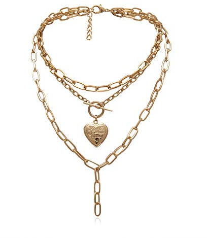 AILUOR Cool Punk Chunky Kette Erklärung Halskette für Frauen Mädchen Herzförmige Foto Medaillon Anhänger Layered Choker Halskette Schmuck (Gold)