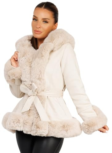 Lexi Fashion Womens Ladies Winter Coat Faux Vegan Suede Leather Fur Trim Collar Hooded Lined Hem Cuff Warm Parka Belted Swing Jacket Beige UK Size S/08