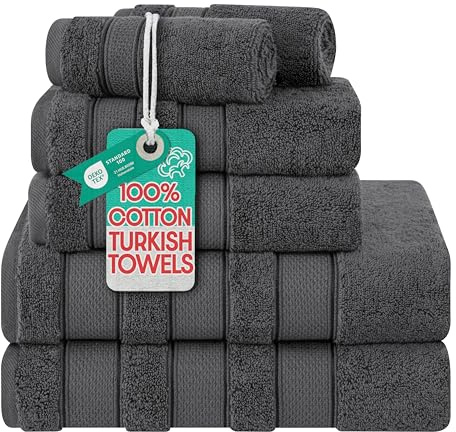 American Soft Linen Bath Towel Set, Luxury Salem Collection 100% Turkish Combed Cotton 6 Piece Towel Set, Soft Absorbent 2 Bath Towels 2 Hand Towels 2 Washcloths for Bathroom Shower Towels, Dark Grey