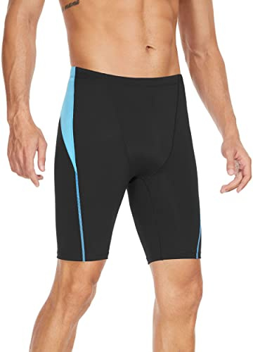 Fiteng Men's Swim Jammers Competitive Athletic Swim Team Suit Black/Blue