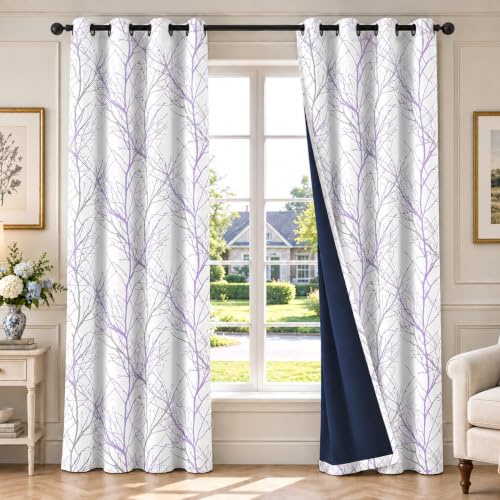 FMFUNCTEX Thermal Blackout Eyelet Curtains Bedroom 90 Inch Drop Lilac Grey | Room Darkening Window Curtains 2 Panels for Living Room, Purple on White Branch Pattern Drapes, Noise Reducing, 52W x 90L