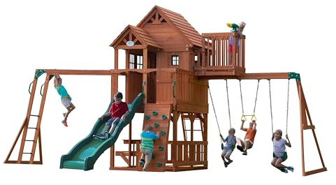 Backyard Discovery Skyfort II Parco Giochi Completo, Casetta da Giardino per Bambini | Altalene, scivolo, sabbiera, parete di arrampicata | Casetta in Legno per Bambini per uso esterno in giardino