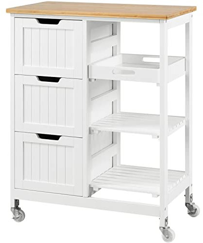 Yaheetech Carro de Cocina 4 Ruedas Carro de Almacenamiento con 3 Cajones y 3 Estantes Carrito de Servicio de Madera Blanco 67 x 37 x 84,5 cm