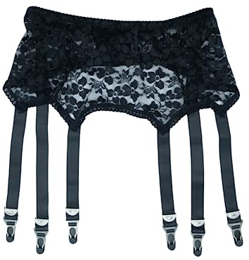 Alacki Liguero de encaje floral hueco para mujer, 6 correas, cinturón de tirantes de talla grande, ropa de dormir (L, negro)