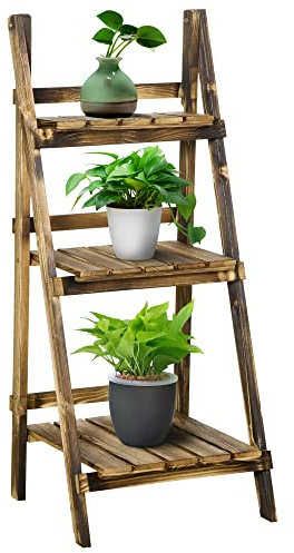 Outsunny Soporte para Plantas de Madera de 3 Niveles Estantería para Plantas Plegable Soporte para Macetas para Interior y Exterior Terraza Jardín Balcón 40x37x93 cm Natural