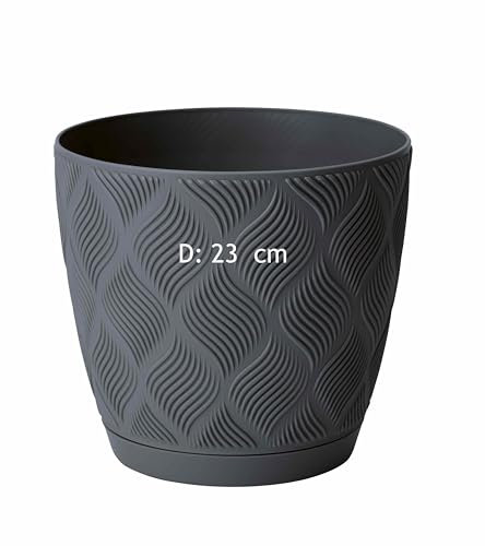 MELTOM Cache-pot Eco 100 % recyclé - Avec soucoupe - Motif 3D - Décoratif (anthracite, taille XXL - 23 cm)