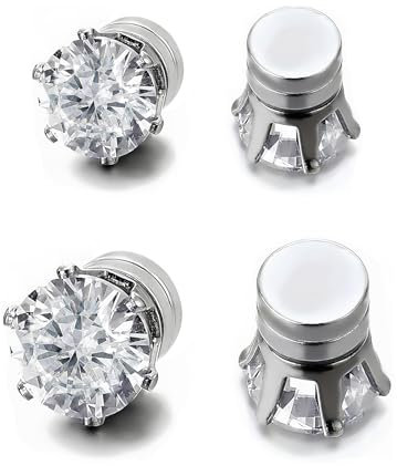 Magnetische Ohrstecker Herren/Damen (Magnetic Clip-On Earrings) | Silber 6mm+8mm Fake Ohrringe mit Zirkonia | Klipp Ohrringe ohne Piercing Set & Geschenk(Silber)