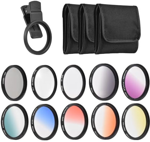 Andoer Clip On Filters Kit 52mm Phone Lens Filter Kit with 7 Colors Graduated Filters CPL Star Filter Close Up Filter Mounting Clip Replacement for iPhone 15/14/13/12/11 Canon Nikon Sony DSLR Cameras