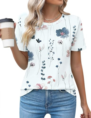 Rapbin Womens Blouses Short Sleeve Crew Neck T Shirts Dressy Casual Summer Pleated Tops Cute Fashion Tee,White Floral,S