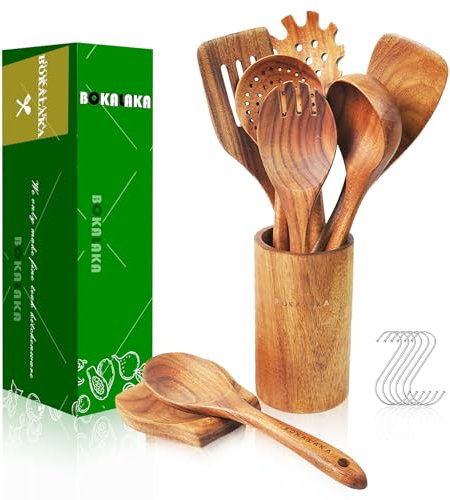 Teak Wooden Spoons for Cooking - 9 Pcs Comfort Grip Kitchen Utensil Set with Holder & Rest