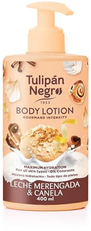 Tulipán Negro Loción Corporal con dosificador Leche Merengada y Canela, máxima hidratación 400 ml, intensamente perfumado y para todo tipo de pieles