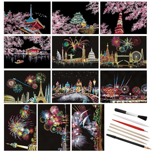 Lusofie 12Sheets Scratch Art Painting Rainbow Scratch Paper, City Series Night View Scratches Arts Pads Kit for Adult DIY Art Craft with 6 Tools(7.8 X 5.5 Inches)