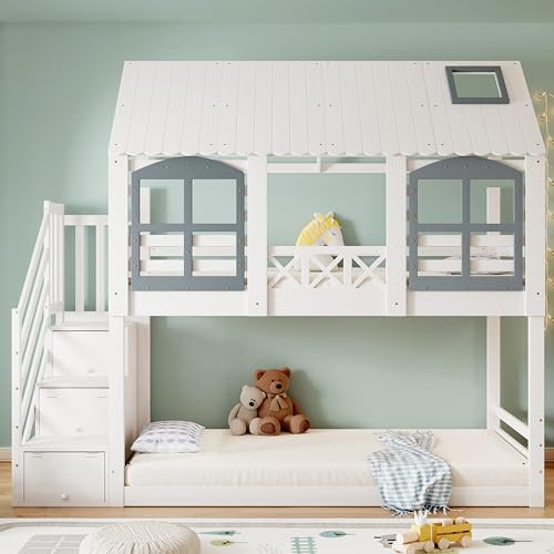 YESGIGA Etagenbett, Kinderbett mit Dach und Fenster, mit Fallschutzgitter, mit 3 Schließfächer in der Treppe, 90x200cm