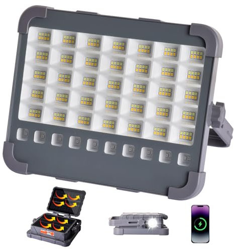 MASMEJOR Foco LED Recargable 100W, 15000mAh Foco LED Batería 10000LM con Duales Paneles Solares, Función de Linterna, 5 Modos de Luz, Luz de Trabajo Ideal para Camping, Pesca, Garaje