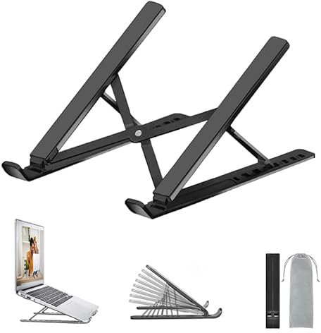 OUGEP Support Ordinateur Portable, Support PC Portable Ventilé en Aluminium Réglable, Refroidisseur Ergonomique Compatible avec MacBook Air, HP, Dell, 10-17.3’’ (Noir2)