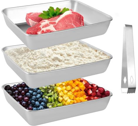 Bandejas De Instrumentos, 3 Piezas De Acero Inoxidable Juego De Cuencos Rectangulares para Empanar 25x20x5cm, Recipiente Rectangular De Metal Gastro Cuenco