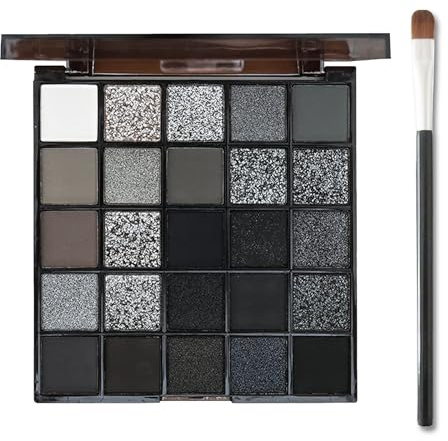 Paleta de sombras de ojos ahumada, 25 colores negro y blanco, gótico, paleta en tonos fríos, textura perlada mate altamente pigmentada, maquillaje de Halloween, con pincel para sombra de ojos