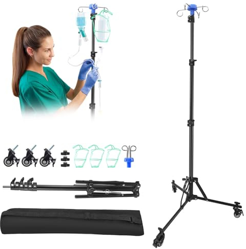 Collapsible IV Pole Stand with Metal Brake Pulley & Wheels, Adjustable Mobile Drip Stand (90-190cm) with 4 Hooks, 3 Mesh Bags & Carry Bag for Hospital, Clinic & Home Care (Standard)