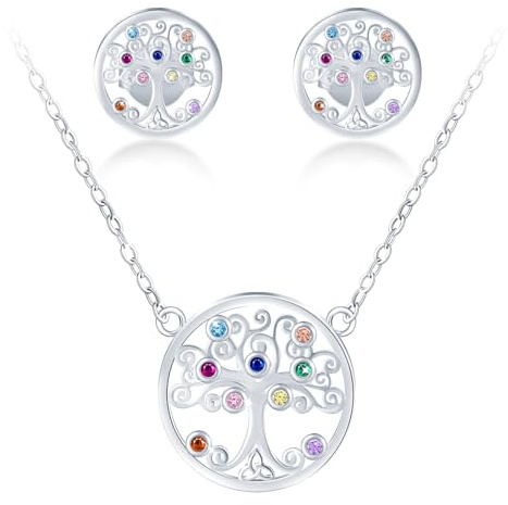 MICMIF Conjunto Joyas Árbol de la Vida Colgante Collar y Pendientes de Plata de Ley 925 para Mujer, Juegos de Joyas con Circonitas Multicolor, Aretes y Collar para Mujeres Niñas