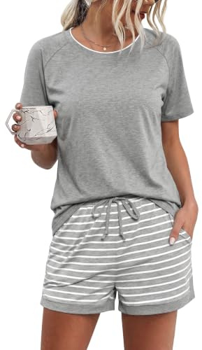 Litherday Pigiama Donna Estivo Girocollo Cotone Morbido 2 Pezzi Maglietta e Shorts Comodi con Tasche per Casa e Notte Grigio Chiaro S