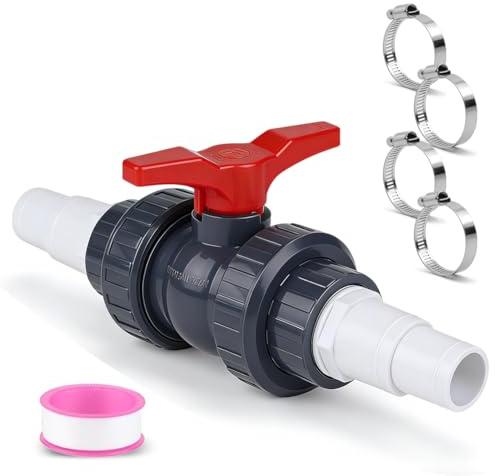 Kulventil med slangkontakt, PVC-avstängningsventil inkl. 1 avstängningskran 50 mm (1 1/2 tum) och 2 slanghylsor 32–38 mm, poolavstängningsventil, pooladapter, kulventil för poolslangsanslutning