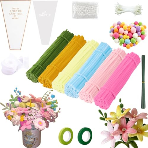 FINEVERNEK 300 Piezas Tulip Bouquet Pipe Cleaner Set, Limpiapipas Flores Manualidades Tallos de Chenilla, Limpia Pipas con Cinta Verde para Flores, para Regalos Artesanales y Decoración, 6 Colors