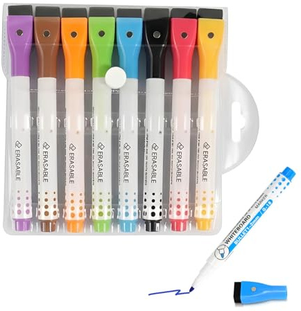 NOPVUFA 8 Pièces Feutre Effaçable Magnétique - Marqueur Tableau Blanc 8 Couleurs avec Éponge - Stylo Ardoise Effaçable pour Enfant, École, Bureau et Maison - Couleurs Vives et Pointe Fine