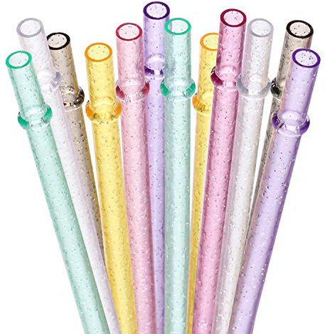 Dakoufish BPA-Free 12 Piece 11 Inch Reusable Clear Plastic Glitter Sparkle Drinking Straw Plus one Cleaning Brush (6color,11inch)