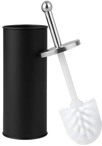 Novel Solutions Bristles Premium Toilet Brush & Holder Set – Compact Round Lid Design with Dense Bristles, Stainless Steel Handle & Inner Drip Cup – Durable Bathroom Cleaning Solution (Black)