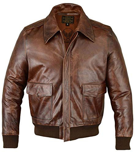 FIVESTAR Leather Herren A2 Lederjacke Air Force Echtleder Bomberjacke Basic Luftwaffe Braun Distressed Aviator Jacke (Flight Jacke)
