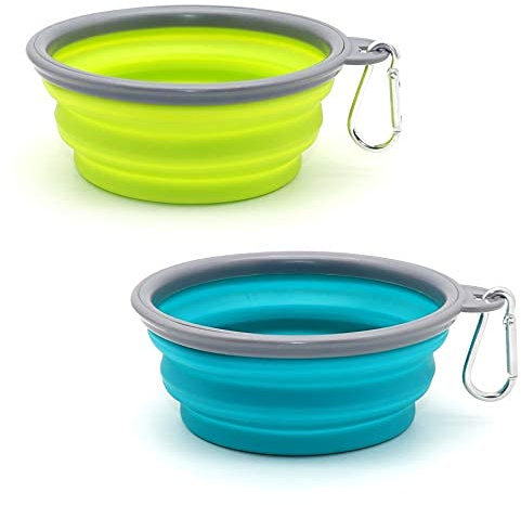 SLSON 2 Stück Hundenäpfe Faltbare Reiseschale,Auslaufsichere Hundenapf mit Bergsteigerkarabiner für Katzen,Hunde und Haustiere für Wasser und Futter (350ml, See blau und Gelbgrü)