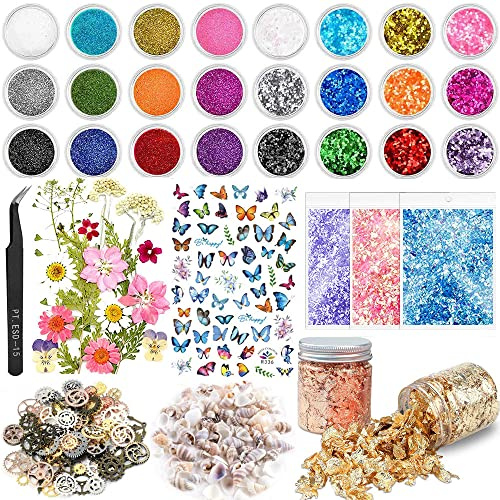 KKSJK Confezione da 68 accessori in resina epossidica con glitter, paillettes, fiori secchi, adesivi, lamina d'oro, conchiglie, ingranaggi, per artigianato in resina e decorazioni per nail art
