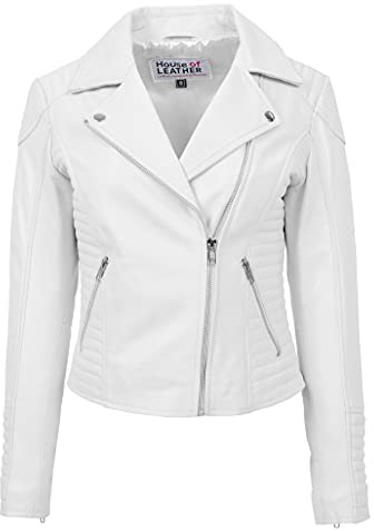 Chaqueta de motociclista de cuero real para mujer, con cremallera cruzada, estilo Anna, blanco, 40
