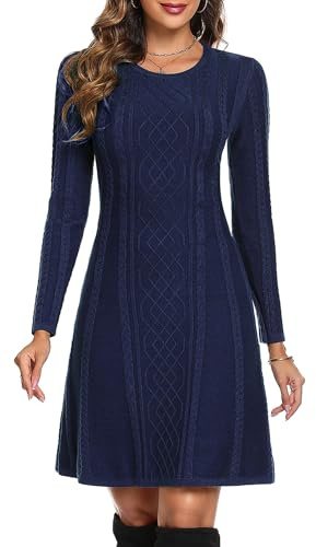 Aottori Robe Pull Femme Hiver Décontractée Tricotée Elegant Col Rond A Ligne Casual Manches Longues Mini pour Fête Loisirs Cocktail Marine S