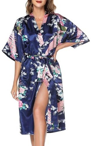 Lovasy Kimono Dressing Gowns Satin Kimono Robe Peacock and Blossoms Silk Dressing Gown for Women UK Long Silk Bride and Bridesmaid Robes,Dark Blue,L