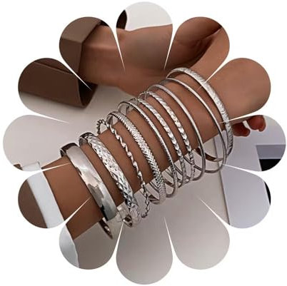 Atentuyi Punk Chunky Silber Armreif Armbänder Für Frauen Geschichtet Stapelbar Armreifen Glänzend Strukturiert Armreif Boho Indischen Bollywood Armbänder Set Schmuck Für Mann Und Mädchen