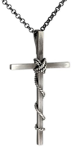 Pendentif Croix Homme avec Détails de Fil Torsadé - Symbole Religieux Audacieux en Argent Sterling Oxydé pour Esprit Rock et Libre, sur Chaîne Rolo 60cm - Fait Main par Emmanuela