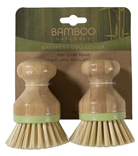 Bamboo Naturals Greenery Mini Scrub Brush, Made of Sustainable Bamboo and Recycled Plastic, Scrub Pots, Pans, Vegetables, and More, Pack of 2