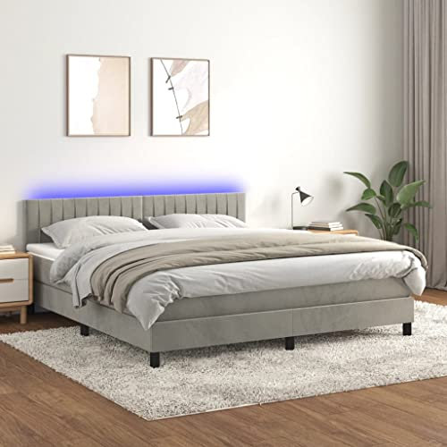Festnight Bettgestell Samt Boxspringbett 180x200 mit Matratze LED Polsterbett Doppelbett Bettrahmen Bett mit Verstellbar Kopfteil Bettgestell Samt Boxspringbetten mit Lattenroste Hellgrau