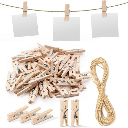 iguTrail 100 Stück Wäscheklammern Holz, 25 mm Holz Wäscheklammern Clips mit 5m Hanfseil für Fotohalter, Basteln