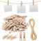 iguTrail 100 Stück Wäscheklammern Holz, 25 mm Holz Wäscheklammern Clips mit 5m Hanfseil für Fotohalter, Basteln