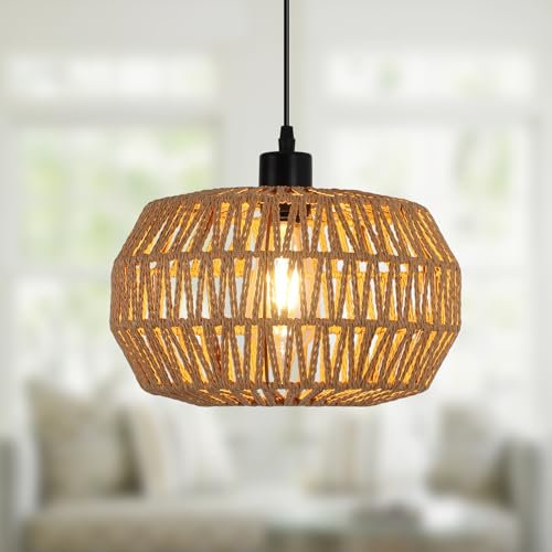 JIINOO Lámpara colgante moderna de ratán de bambú, pantalla de mimbre tejida de granja, lámpara colgante Boho Lámpara de techo vintage para dormitorio, sala de estar, pasillo, cocina, 1 luz, 29 cm