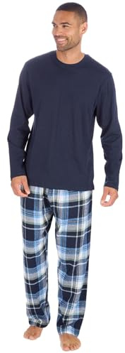 Style It Up Mens Long Sleeve Plain Top Checked Bottoms Sleepwear Pajama Set Crew Neck Warm Cozy Super Soft Adults Loungewear (BLUE-NAVY, L)