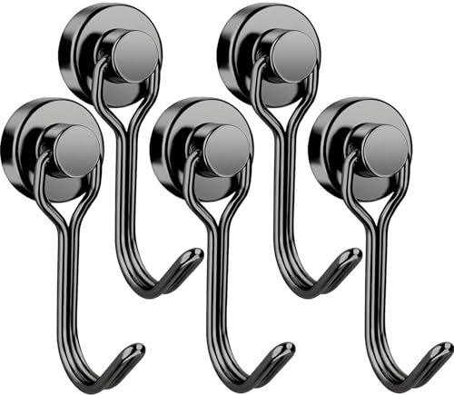 Yoolly 5 Pack Magnetic Hooks, Strong Neodymium Magnet with Hooks, Magnets with Hooks, 33Lbs Swivel Metal Hanging Hooks for Hanging, Ceiling, Camping, Kitchen (Black)