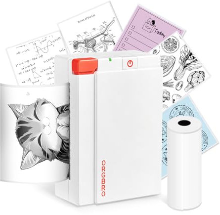 ORGBRO Mini Drucker für Smartphone, X3 Sticker Drucker Bluetooth mit 1 Rolle Aufkleber Papier, 300DPI Mini Printer Etikettendrucker Tragbarer Thermodrucker für Studie Notizen & Fotos, Weiß
