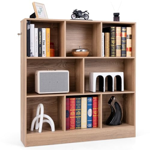 COSTWAY Libreria a 8 Cubi, Organizzatore di Stoccaggio a 3 Ripiani con 2 Kit Anti-Ribaltamento, Scaffale Multiuso in Legno per Soggiorno, Ufficio Stanza Bambini, 100x24x104 cm (Naturale)