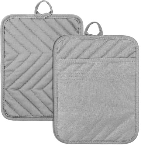 Sibba 2 Stück Topflappen Baumwolle mit Tasche Topfhandschuhe Hitzebeständige Anti-Rutsch Ofenhandschuhe Kochhandschuhe Schutzlappen zum Kochen Backen Grillen Küchenzubehör(Grau,23×18 cm)