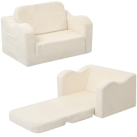 MeMoreCool Sofá de Pana para Niños, Silla Cama Plegable para Niños Pequeños, Sillón Plegable para Niños para Sala de Juegos, Cómodo Sillón Reclinable Convertible para Bebés para Niñas y Niños, Beige