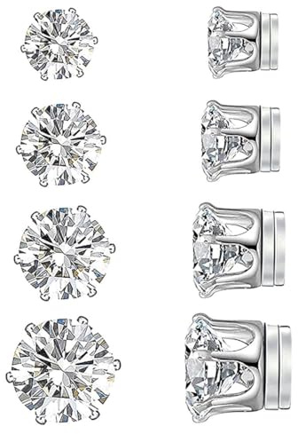 JEYORZY 4Pare Pendiente Iman Hombre, Pendientes de Iman para Hombre Mujer Inoxidable Hombres Diamante Pendientes Magnéticos Sin Agujero Perforacion Circonita Falso Pendiente Clip 5/6/7/8mm