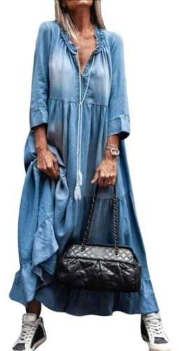 JiaWell Robe en Jean Style bohème for Femme, Robe d'été décontractée, Ample, col en V, Manches Longues, Couleur Unie, Jupe plissée, Coupe trapèze, Maxi, Tunique, Chemisier, Bleu Clair(L)
